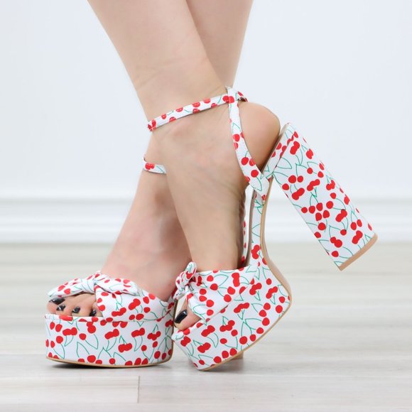 Rockabilly Cherry Print Platform High Heels Bow Strap - Picture 8 of 12